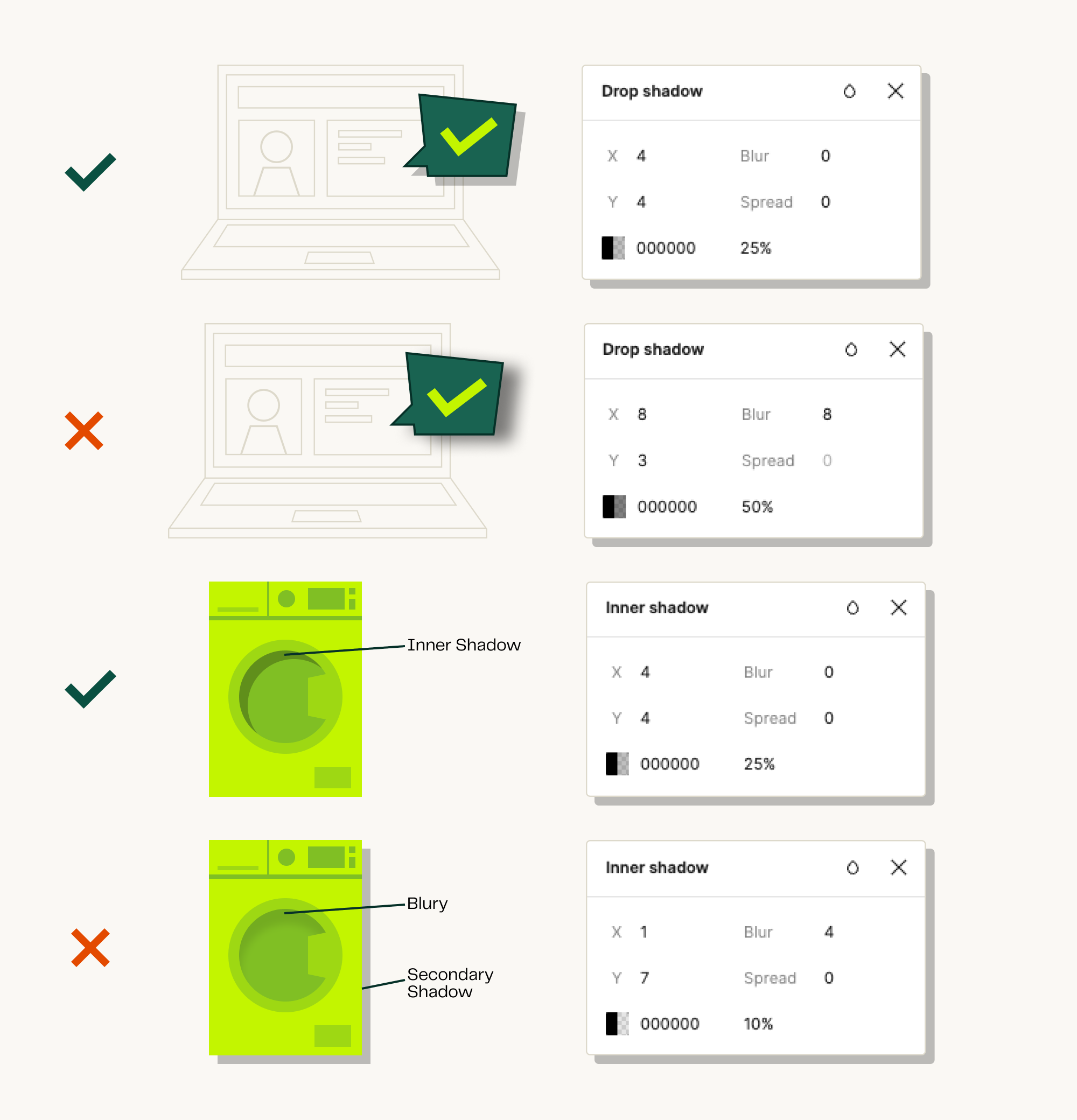 A table of proper shadow settings on Figma for Tinka illustrations. Avoid using soft shadows with blurry edges. Use a hard dropshadow with offset of 4px or higher on both the X and the Y axis. The value depends on the size of the illustration 