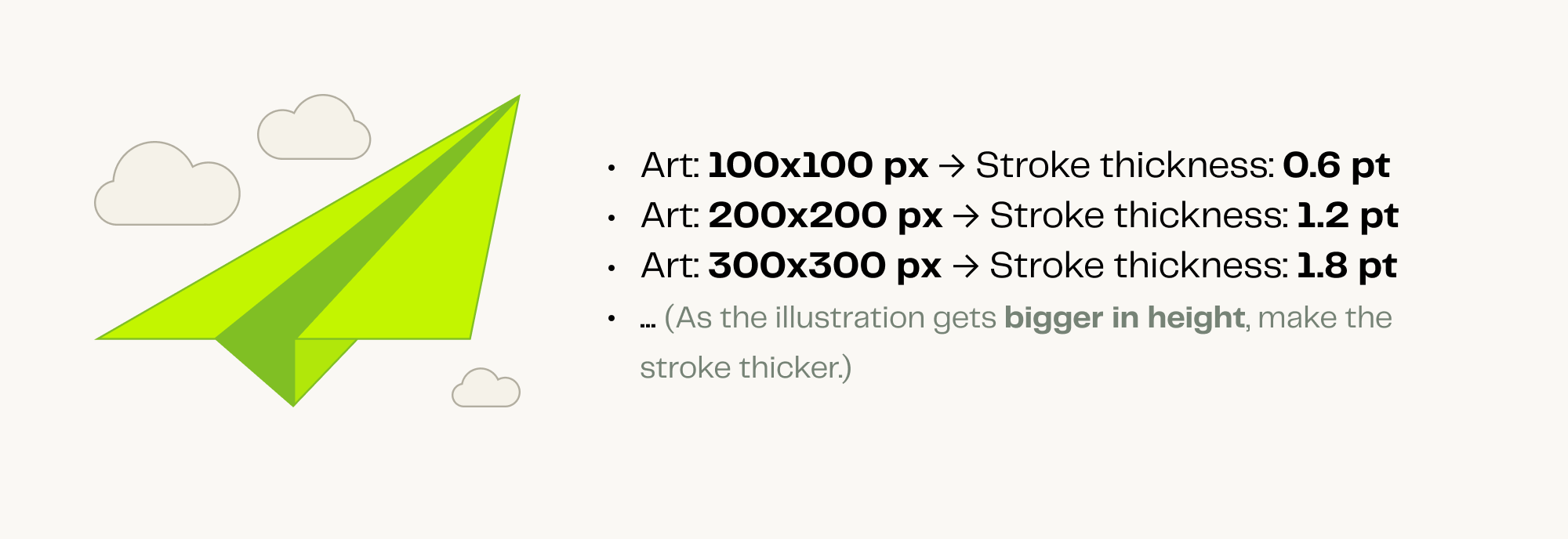  Art: 100x100 px → Stroke thickness: 0.6 pt
Art: 200x200 px → Stroke thickness: 1.2 pt
Art: 300x300 px → Stroke thickness: 1.8 pt
... (As the illustration gets bigger in height, make the stroke thicker.) 